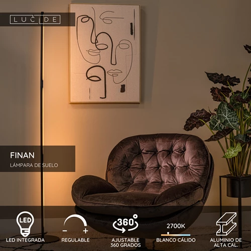 Lucide FINAN - Lámpara de suelo - LED Regul. - 1x32W 2700K - Negro - USP